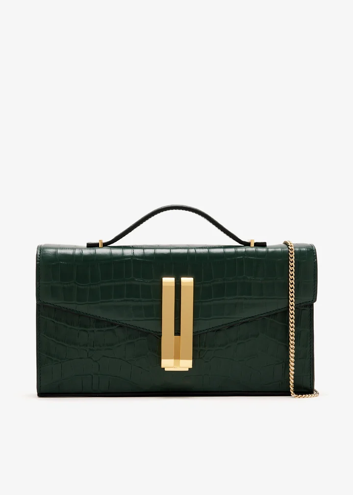 Formstabile Ketten‑Umhängetasche / Clutch aus geprägtem Leder mit Doppelbügel‑Verschluss