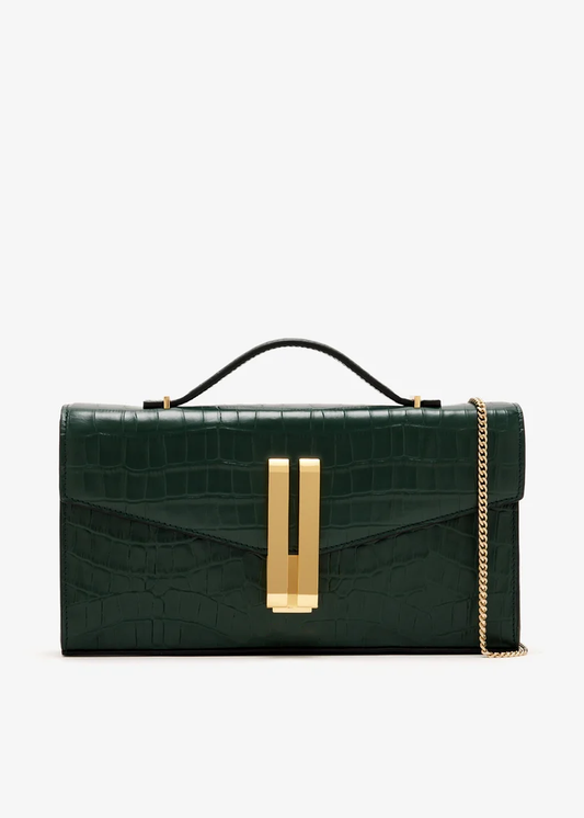 Formstabile Ketten‑Umhängetasche / Clutch aus geprägtem Leder mit Doppelbügel‑Verschluss