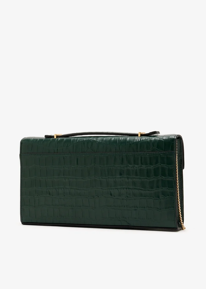 Formstabile Ketten‑Umhängetasche / Clutch aus geprägtem Leder mit Doppelbügel‑Verschluss
