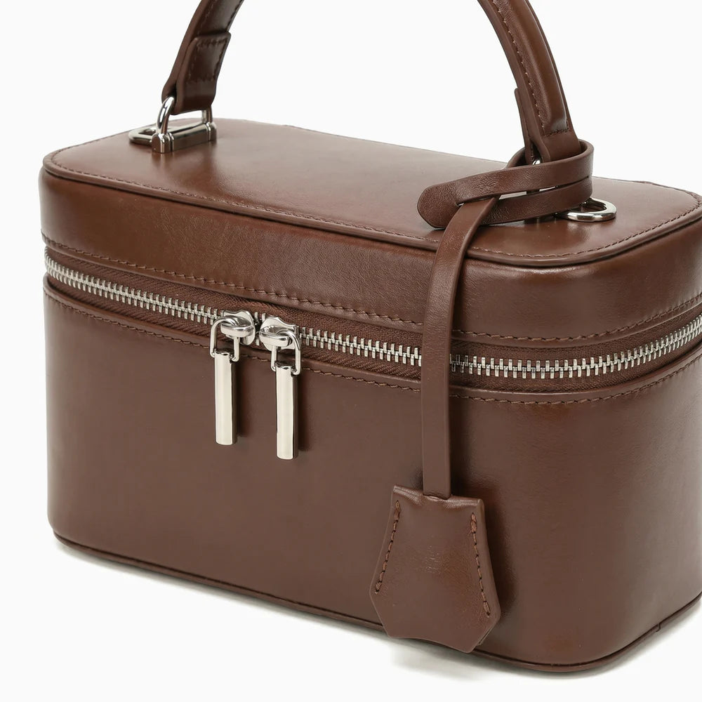 Mini‑Kasten‑Umhänge‑Handtasche aus glattem echtem Leder mit doppeltem Reißverschluss