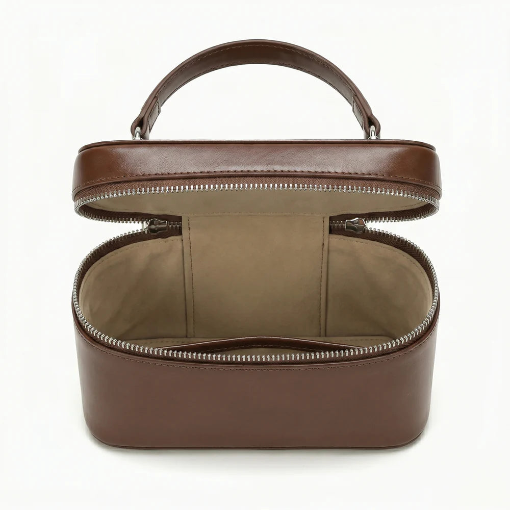 Mini‑Kasten‑Umhänge‑Handtasche aus glattem echtem Leder mit doppeltem Reißverschluss
