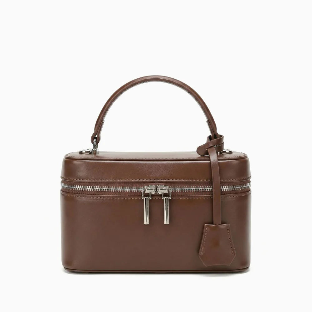 Mini‑Kasten‑Umhänge‑Handtasche aus glattem echtem Leder mit doppeltem Reißverschluss