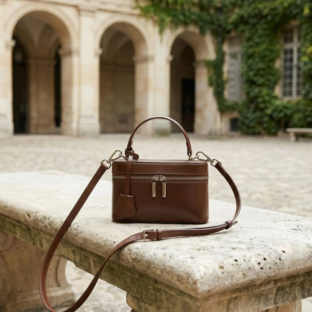 Mini‑Kasten‑Umhänge‑Handtasche aus glattem echtem Leder mit doppeltem Reißverschluss